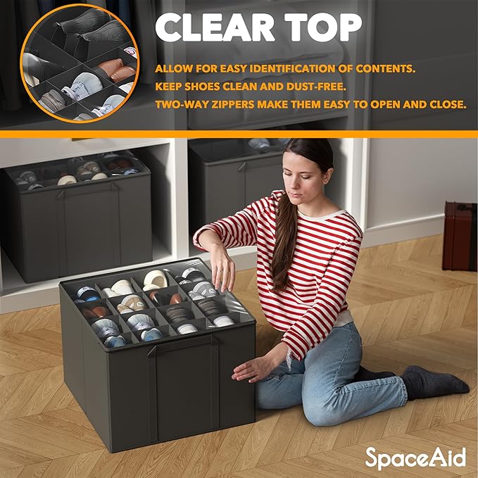 SpaceAid Shoe Organizer for Closet, 2 Pack Foldable Shoe Storage Containers