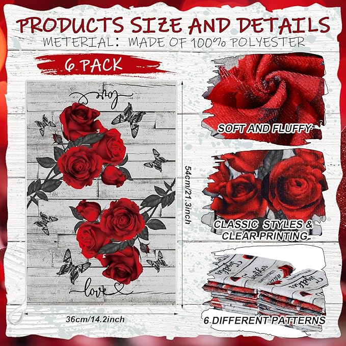 Breling Set of 6 Valentine's Day Red Rose Kitchen Towels Vintage Flowers Dish