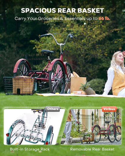 VIRIBUS Folding Tricycle for Adults, 7 Speed Folding Adult Tricycle with Detachable Wheeled Basket, Foldable 3 Wheel Bikes for Adults Women Female Seniors, Collapsible Trike, 24 inch Red, 330 lb.