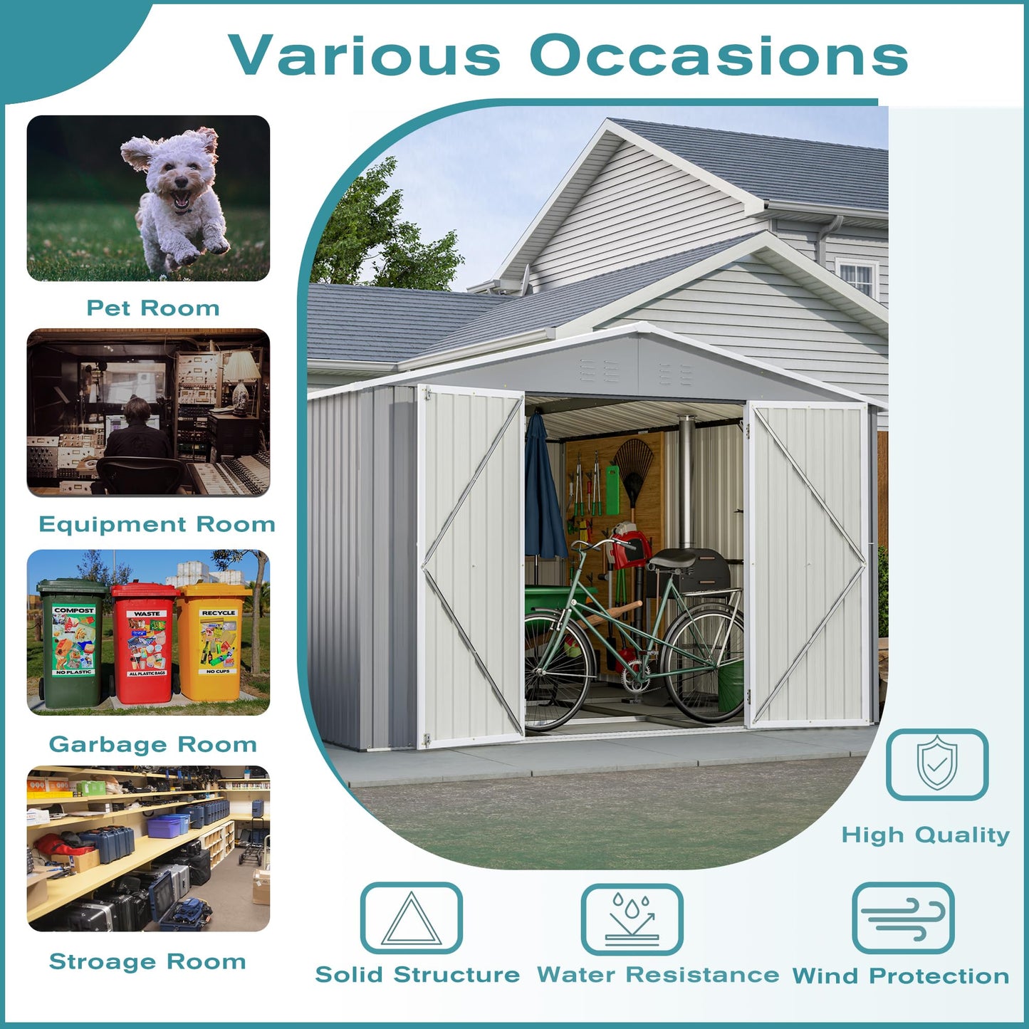 KEIKI 10x12 FT Metal Storage Shed with Reinforced Floor Frame, Outdoor Garden Tool Shed with Lockable Double Doors, Ventilated Galvanized Steel Utility Storage House for Backyard Patio Lawn Equipment