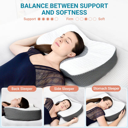 Elviros Cervical Memory Foam Neck Pillow for Side Sleeping, Orthopedic Pillows for Back and Stomach Sleepers, Adjustable Ergonomic Bed Pillow Pain Relief (Dark Grey)