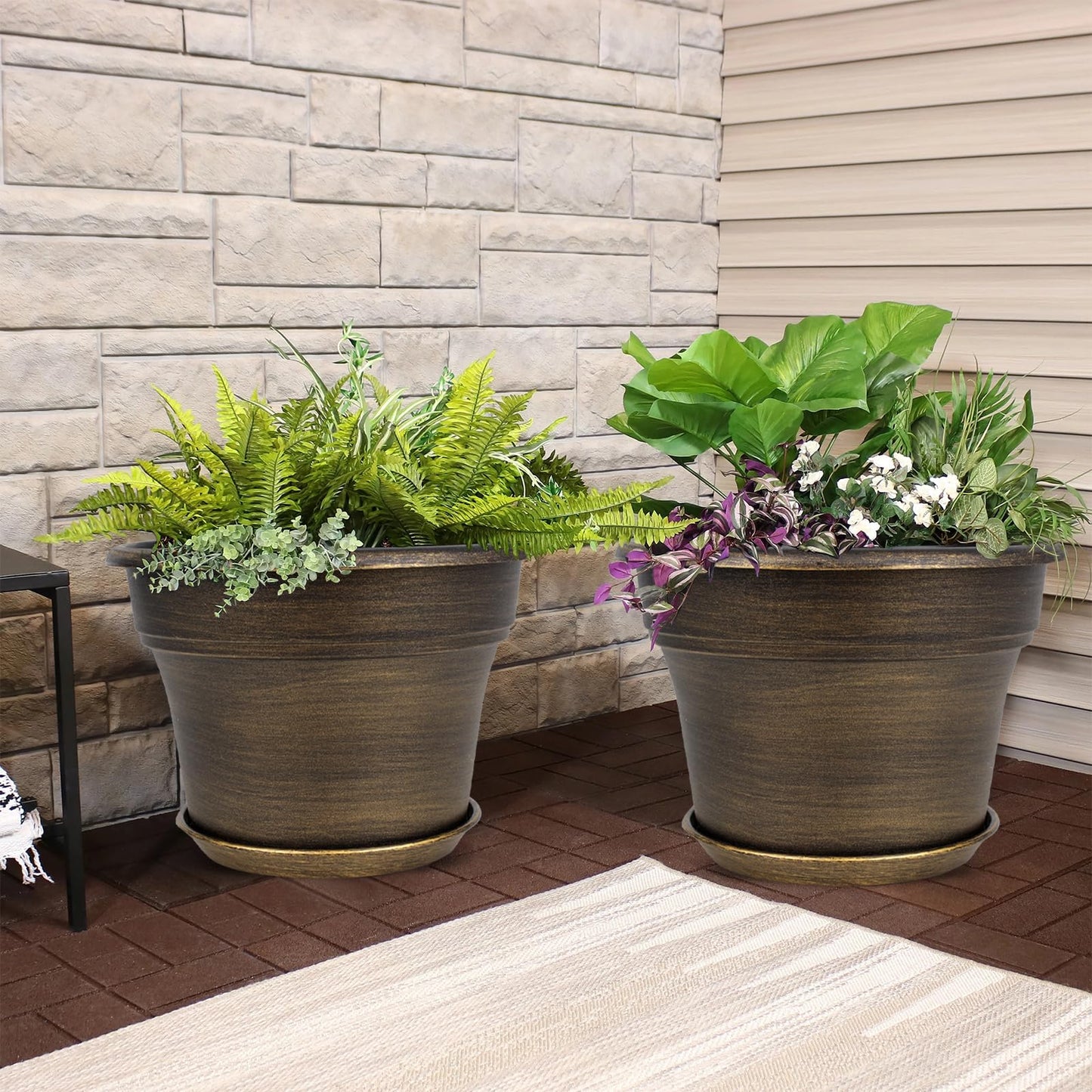 Plant Planters Pots Set of 4 Pack 10 Inch, Plastic Flower Pot For Indoor Plants With Drainage Holes & Trays, Resin Decorative Container Sets With Saucer For House Outdoor Garden Planters Dark Gold