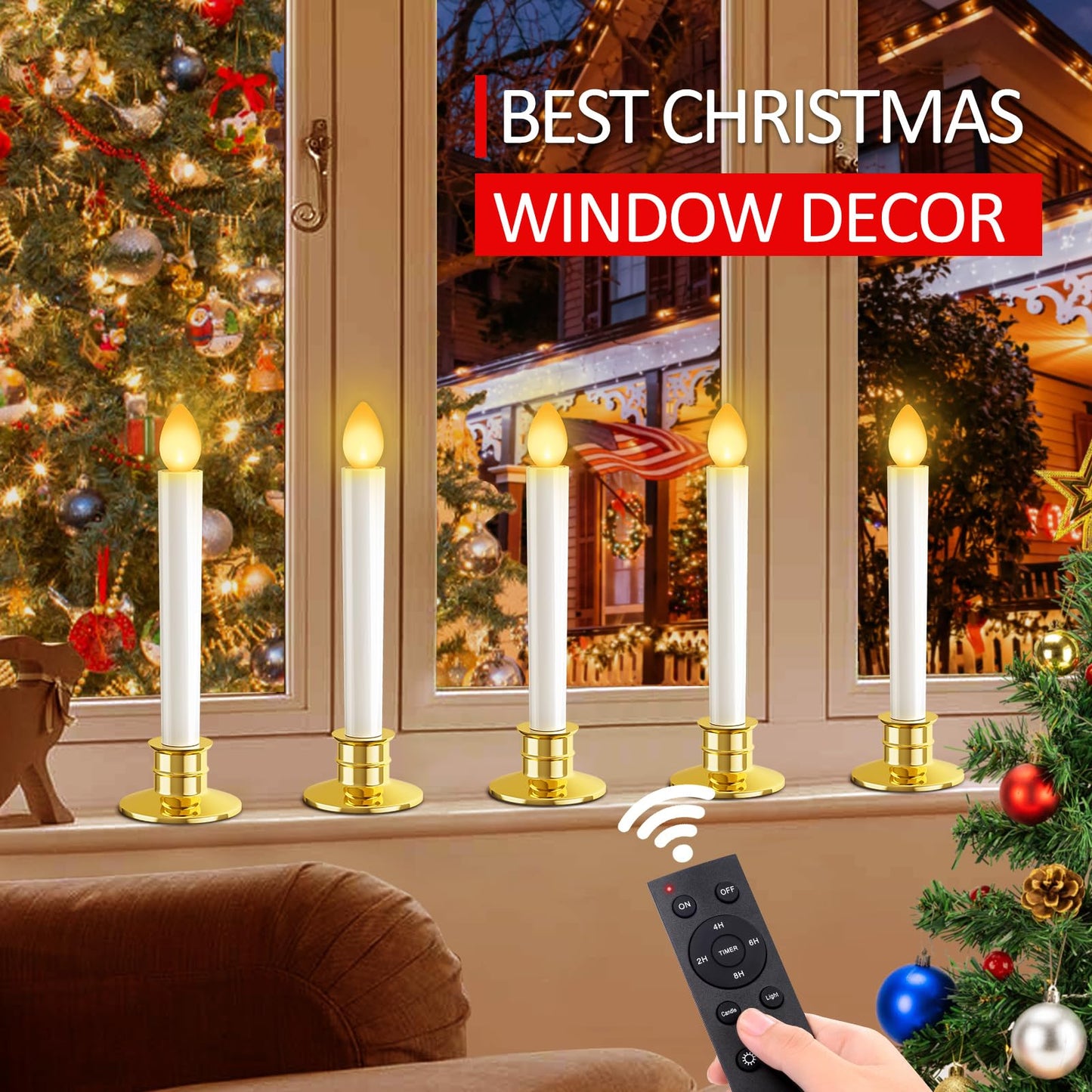 10 Pack Christmas Window Candles Lights Flameless Candle Battery Operated Candles with Remote Control Timer Gold Holders LED Candle for Party Table Top Xmas Thanksgiving Christmas Window Decorations