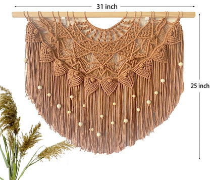 Youngeast Large Macrame Wall Hanging Boho Beaded Curtain for Window Macrame Bedroom Headboard Living Room Wall Art Tassel Tapestry Bohemian Woven Wall Decor 31" W X 25" H (Khaki)