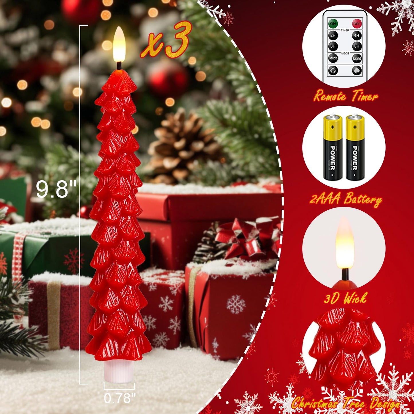KunSwenn Christmas Tree Candles Battery Operated, Red Christmas Flameless Taper Candles with Remote Timer, Set of 3 Waxy 9.8 Inch LED Tree Candlesticks for Xmas Home Holiday Window Winter Decor