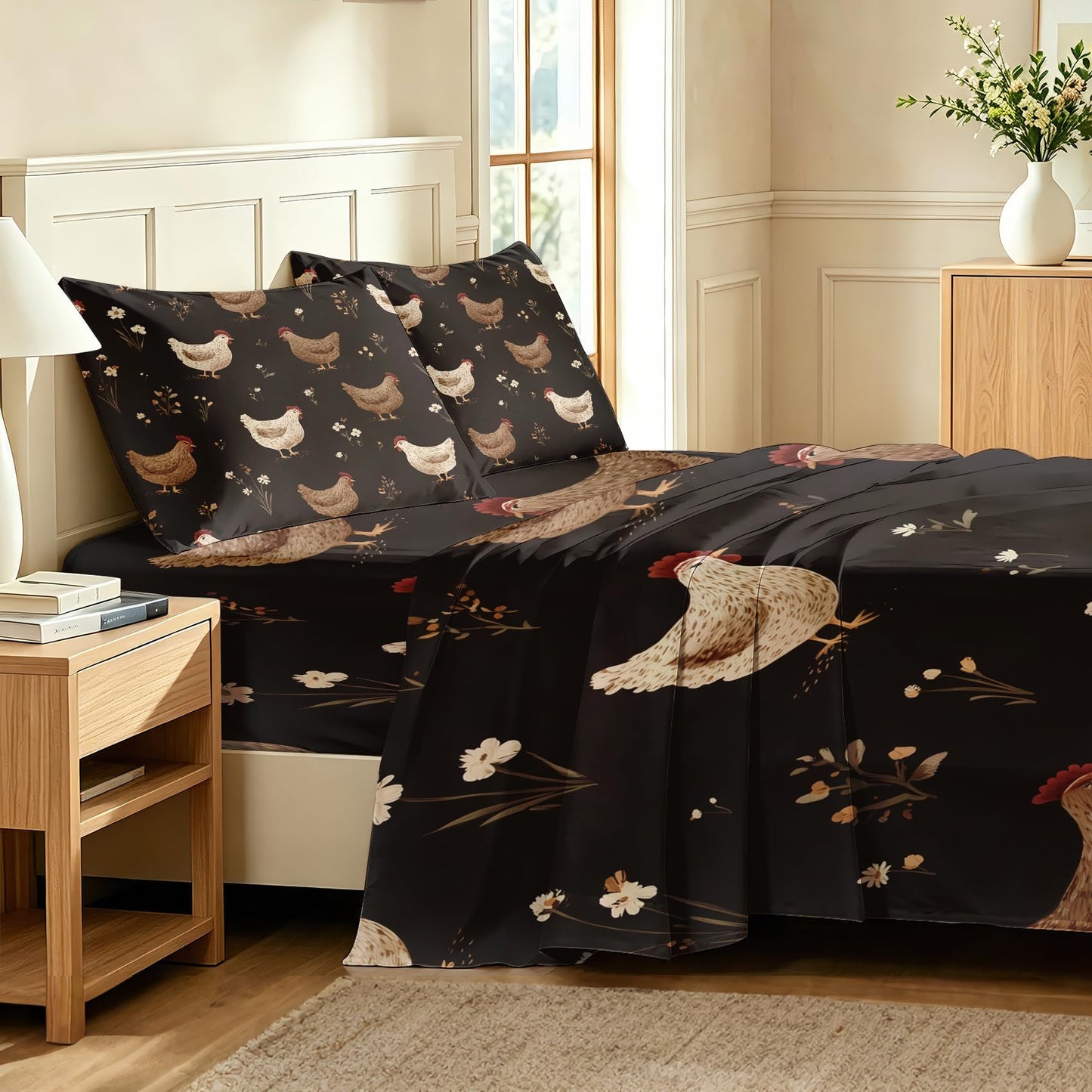Chicken Queen Sheet Set Rustic Farmhouse Flat Fitted Sheet Sets, Brown