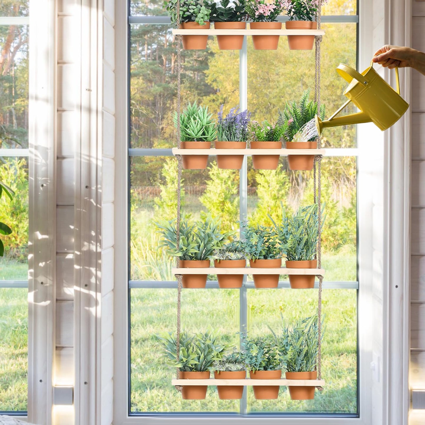 FillTouch 4 Tiered Window Plant Shelves Hanging Herb Planter Indoor Display with 16 Pcs Flower Pots Wood Window Plant Hanger for Grow Herbs Succulents Microgreens Seedling Organization