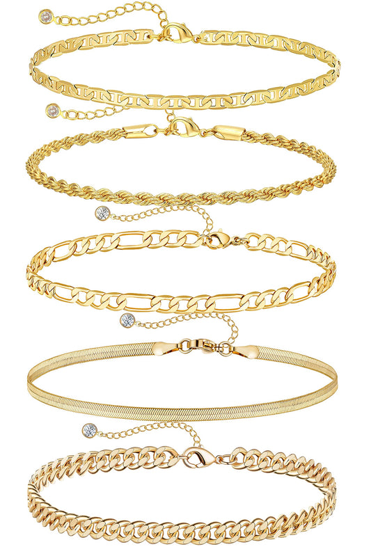 DEARMAY 14K Gold Plated Anklets Waterproof Ankle Bracelets for Women Cuban Link Anklet Bracelets Cute Figaro Paperclip Rope Herringbone Set Jewelry