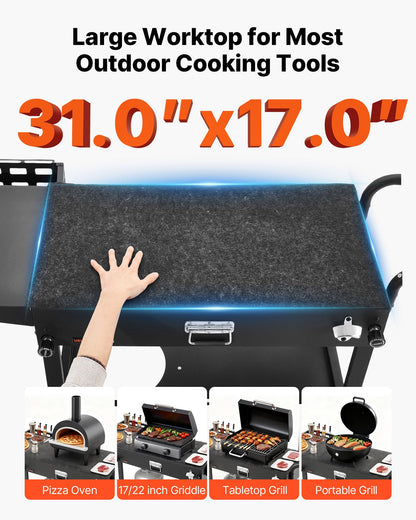 VEVOR Outdoor Grill Cart, 31.0 x 17.0 inch Tabletop Size Grilling Table, Foldable Outdoor Cooking Table with Tissue Holder, Hooks, Wheels, Side Table, BBQ Prep Tables for Picnic, Kitchen, Courtyard