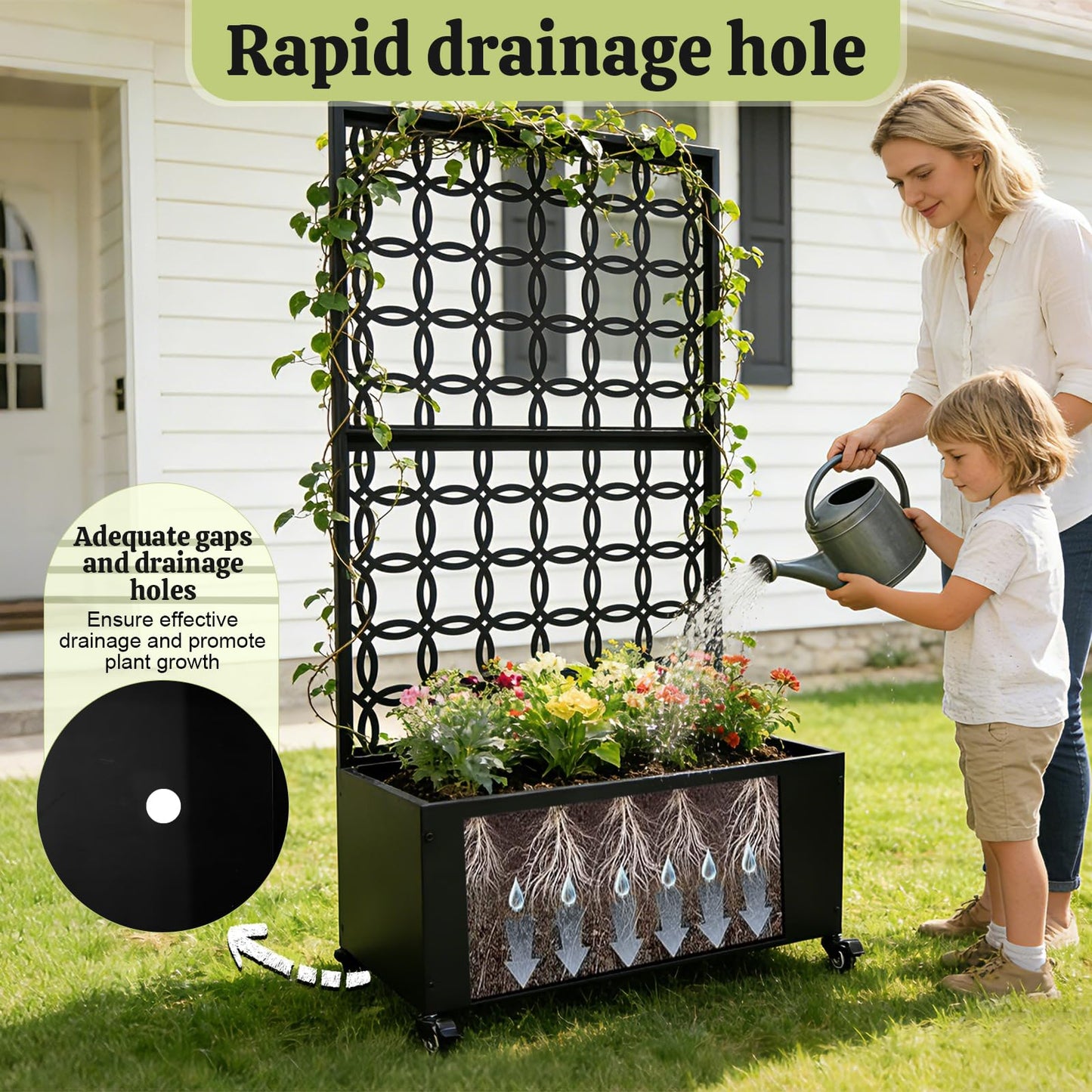 LZALMMS Metal Raised Garden Bed with Trellis and Wheels, 70"x35"x15" Large Planter Box for Climbing Plants & Vegetables, Outdoor Rolling Planter with Drainage Holes and Privacy Screen (Black)