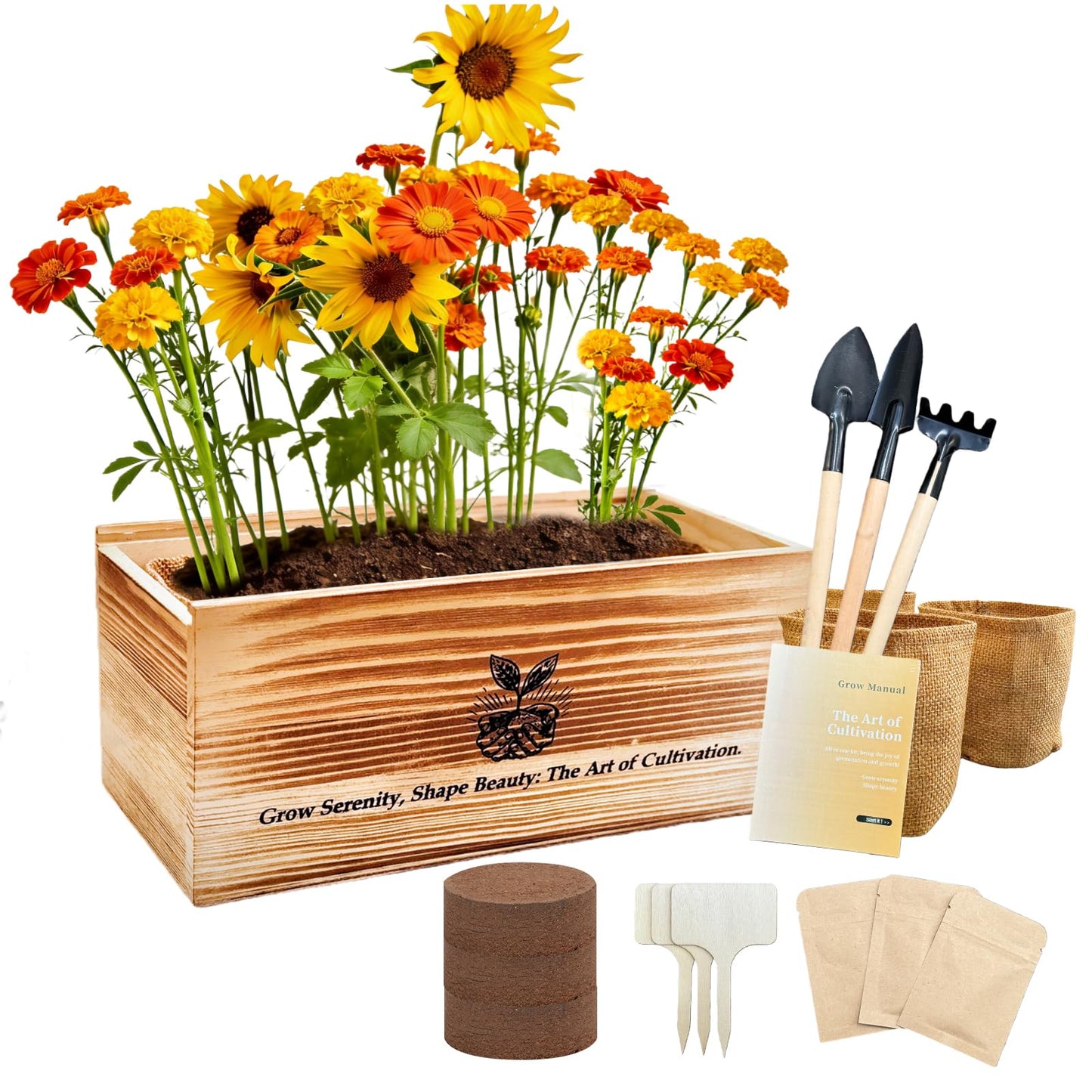 Flower Growing Kits, Windowsill Planting Kit with Planting Bags, Coir Soil & Tools Indoor Gardening Starter Kit with Seed(Sunflower, Zinnias & Marigold) Flower Gardening Gifts for Women & Men