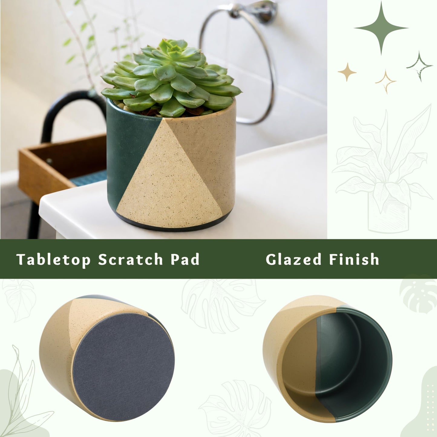 D'vine Dev 4.5" Stoneware Cachepot Planter with 4" Clear Nursery Pot & Detachable Saucer – Indoor Plant Pot with Drainage for Bottom Watering & Root Visibility, Desert Forest, Set of 2, 93-V-B-1