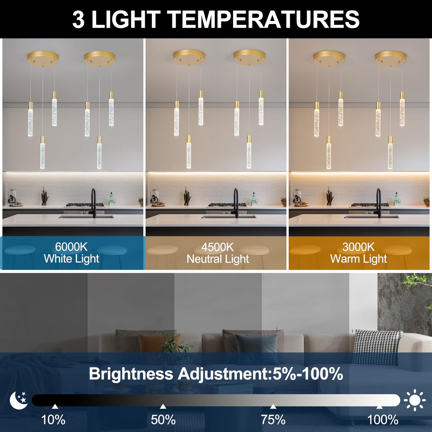 votag 3 Light Pendant Lights Kitchen Island,Modern LED Bubble Crystal Pendants with Dimmable 3000K-6000K Ceiling Hanging Light Fixture for Dining Room Bedroom,Gold Finish,Adjustable Height 59"