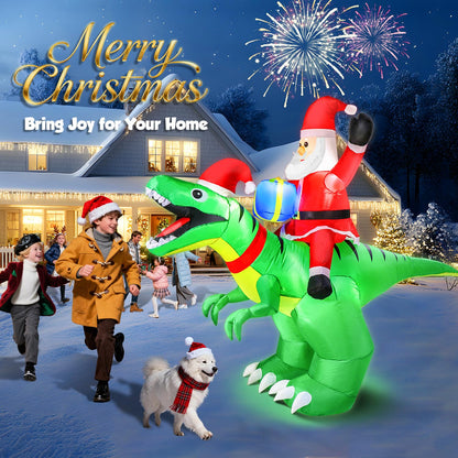 9x7FT Christmas Inflatables Santa Ride on Dinosaur with LED Outdoor Christmas Dinosaur Inflatable Blow Up Yard Decorations with Sandbags Stakes Strings for Garden Decor