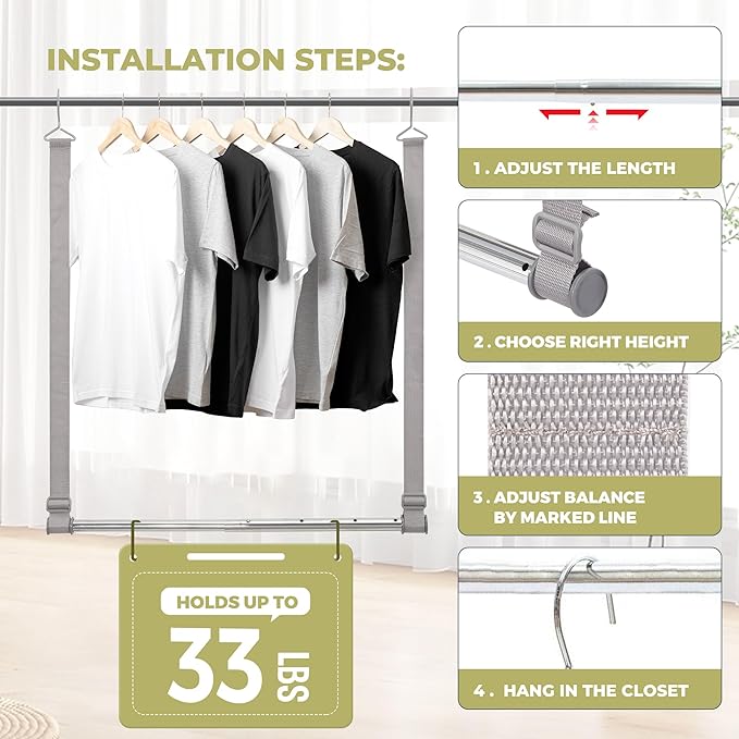 Hanging Closet Rod, 17-28In Width and Up to 32In Height Closet Extender