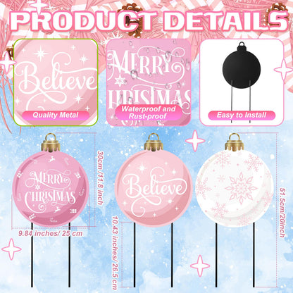 MorningRo 3 Pcs Pink Christmas Balls Yard Signs 20'' H Metal Outdoor Waterproof Xmas Yard Sign Stake with Snowflake Believe Merry Christmas Design for Porch Patio Lawn Garden Pathway Holiday Decor