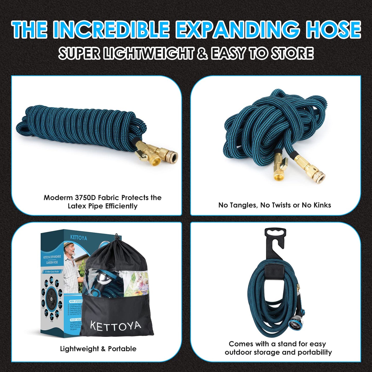 KETTOYA 100FT Expandable Garden Hose, Flexible Water Hose with 10-Pattern Spray Nozzle, Leak-Proof Retractable Heavy Duty Hose Pipe, 4-Layer Latex Core, Durable 3750D, Male Valve Connector, Kink-Free