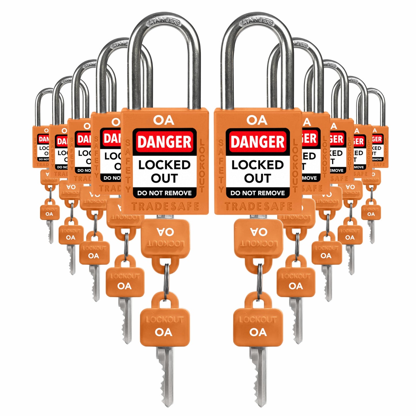 TRADESAFE Lockout Tagout Locks Set, 10 Orange Keyed Alike Unlimited Grouping Safety Padlocks, 2 Keys Per Lock, OSHA Compliant Loto Locks for Lock Out Tag Out Kits