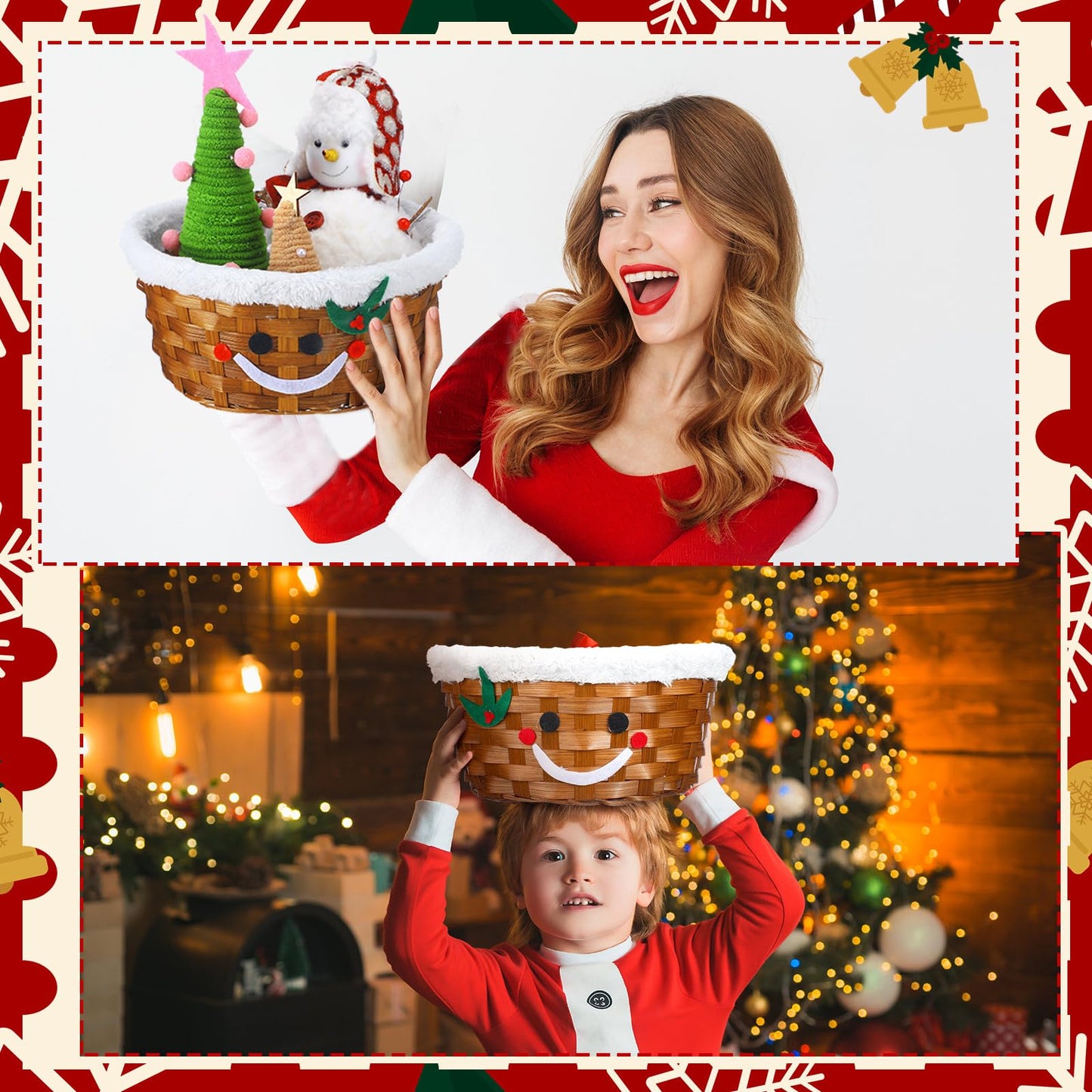 Youyole 4 Pieces Christmas Basket for Gifts Woven Bamboo Xmas Round Gingerbread Basket Small Santa Claus for Christmas Party Supplies Gift Snack Storage (Cute)