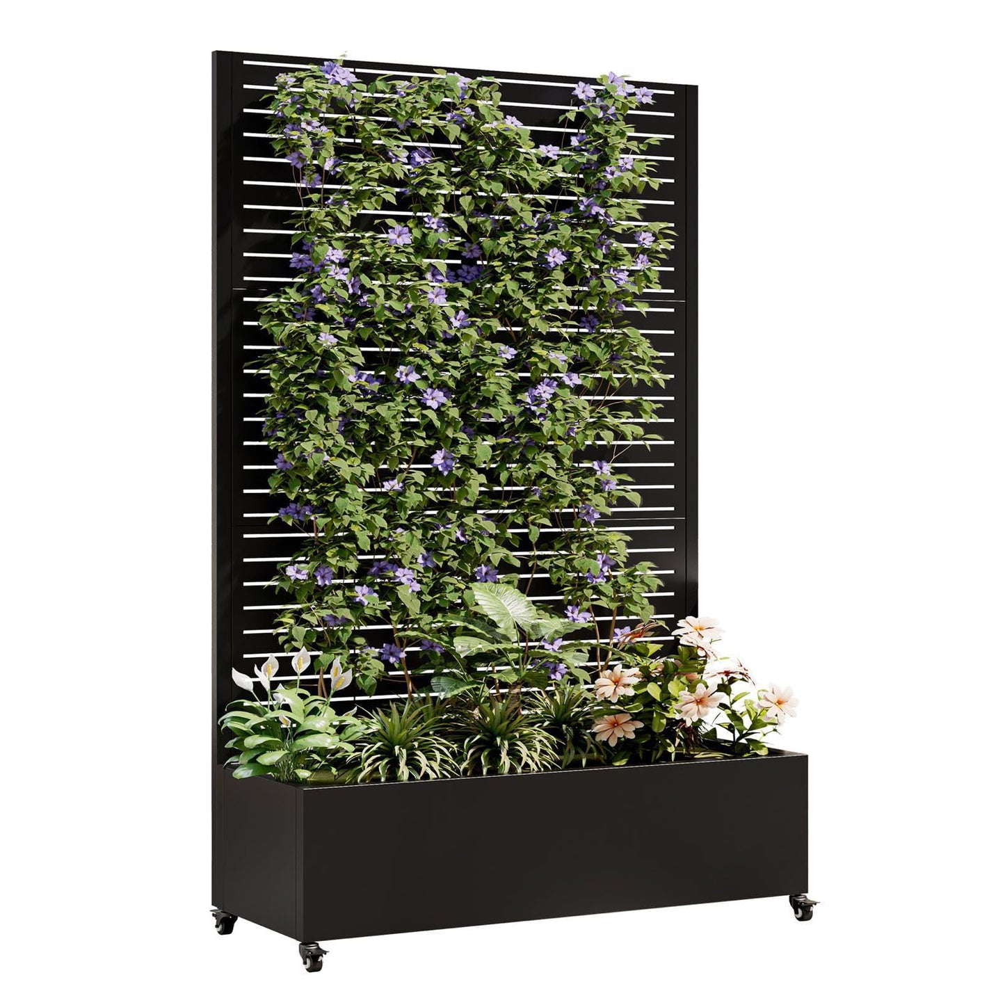 Metal Planter Box with Trellis and Wheels, 73"x47"x16" Galvanized Steel Raised Garden Bed with Drainage Holes, Outdoor Planter with Privacy Screen Function for Climbing Plants and Vines