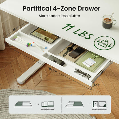 CubiCubi 48x24 Standing Desk with Glass Top, Height Adjustable Computer Desk with Drawer, One-piece Rising Home Office Desks with Positon Memory, Sit Stand Up Electric Workstation Table, White
