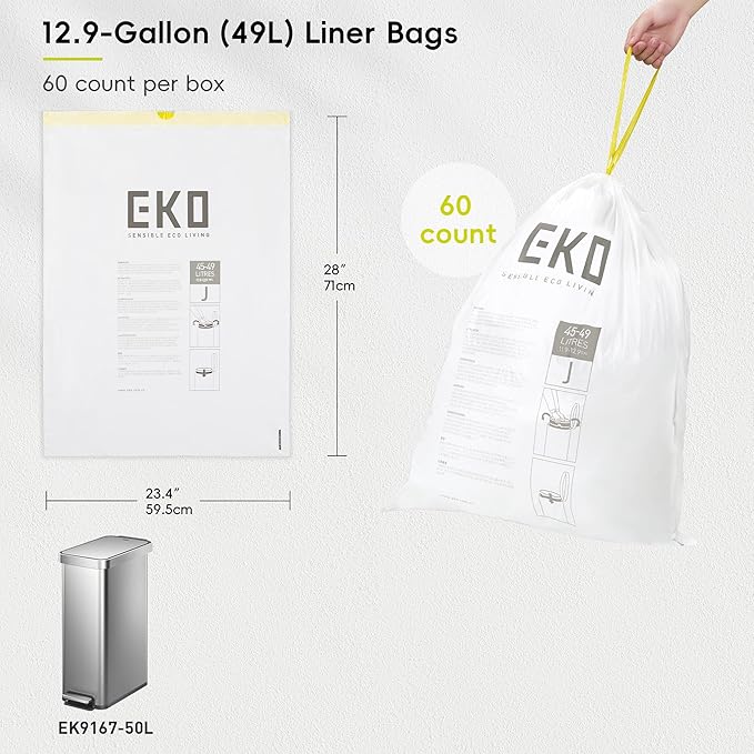 EKO 12.9 Gallon / 45-49 Liter, Extra-Strong Unscented Garbage Bags,