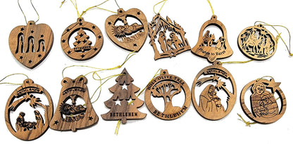 Zuluf 12-Piece Olive Wood Ornament Collection - Authentic Nativity & Bethlehem Star Designs, Religious Christian Christmas Tree Adornments