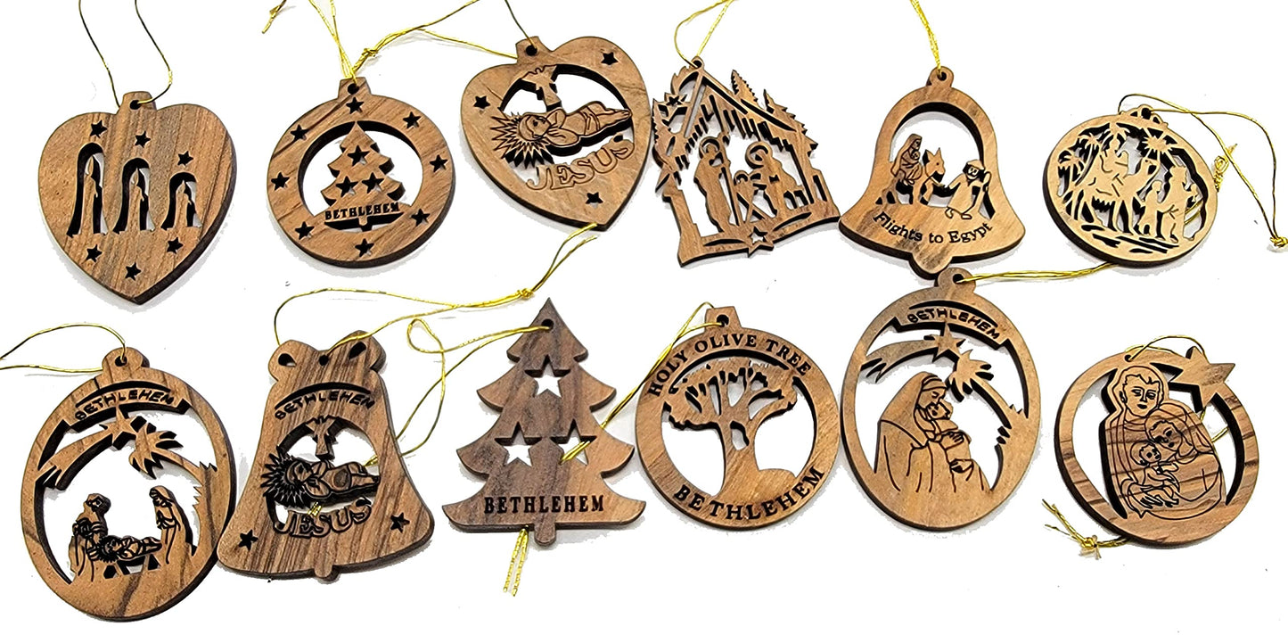 Zuluf 12-Piece Olive Wood Ornament Collection - Authentic Nativity & Bethlehem Star Designs, Religious Christian Christmas Tree Adornments