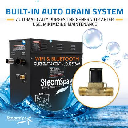 SteamSpa Steam System 12kW Steam Shower Generator with Bluetooth Wifi, Quickstart Continous Steam, Advanced Touch Pad Screen, Chroma Lights, Drain Pan and Auto Drain Black RVBS1200BK-A