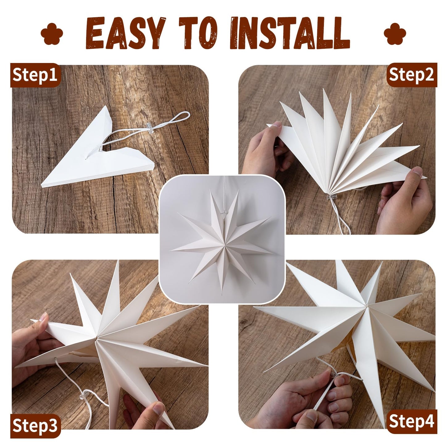 WNSIRVY 5 Pack 9-Pointed Large 3D Paper Star Lanterns White Hanging Lanterns with Star Garland Banner for Halloween Christmas Baby Shower Wedding Birthday Home Decorations