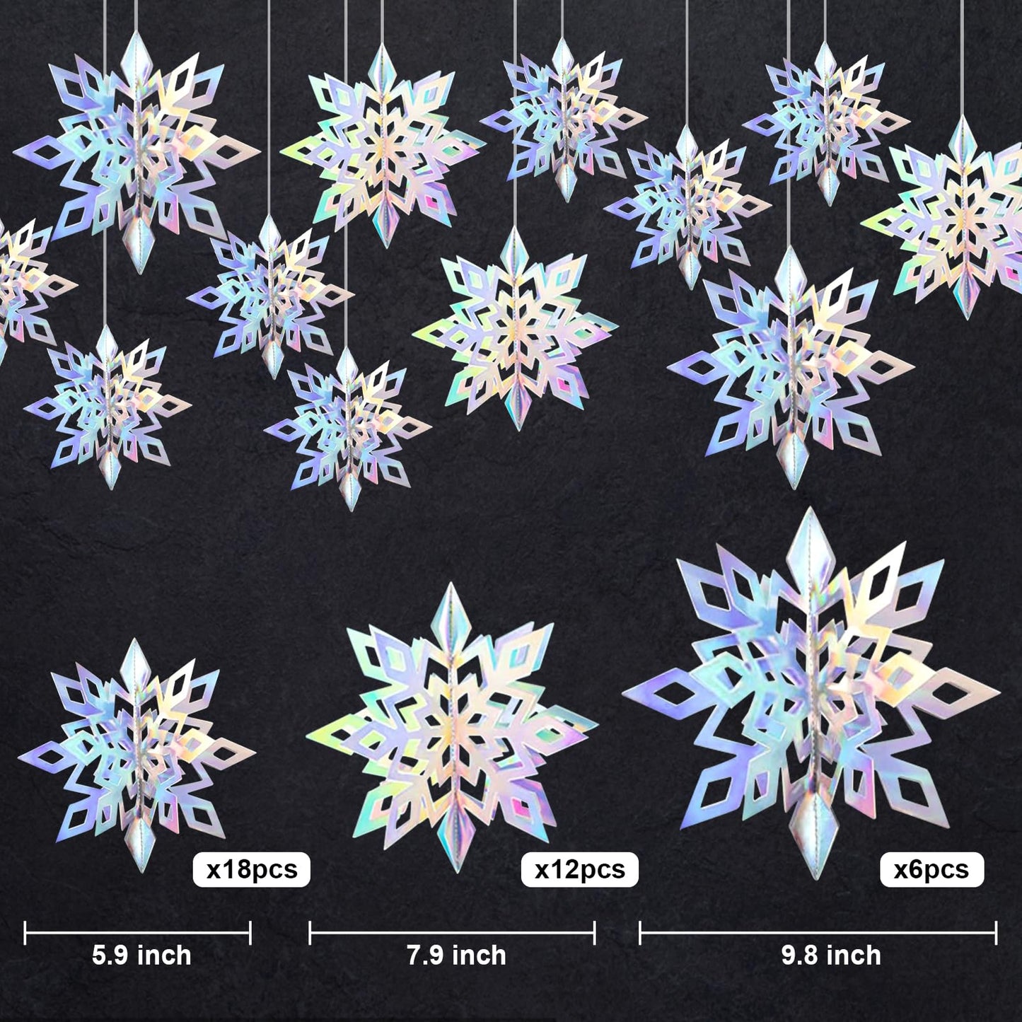 36PCS Christmas Snowflake Decorations, 3D Large Iridescent Paper Snowflakes Garland Hanging Snow Flakes for Winter Wonderland Christmas Party Decorations Holiday New Year Home Decor, Iridescent