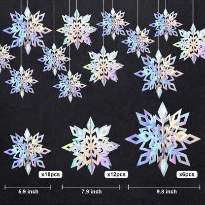 36PCS Christmas Snowflake Decorations, 3D Large Iridescent Paper Snowflakes Garland Hanging Snow Flakes for Winter Wonderland Christmas Party Decorations Holiday New Year Home Decor, Iridescent