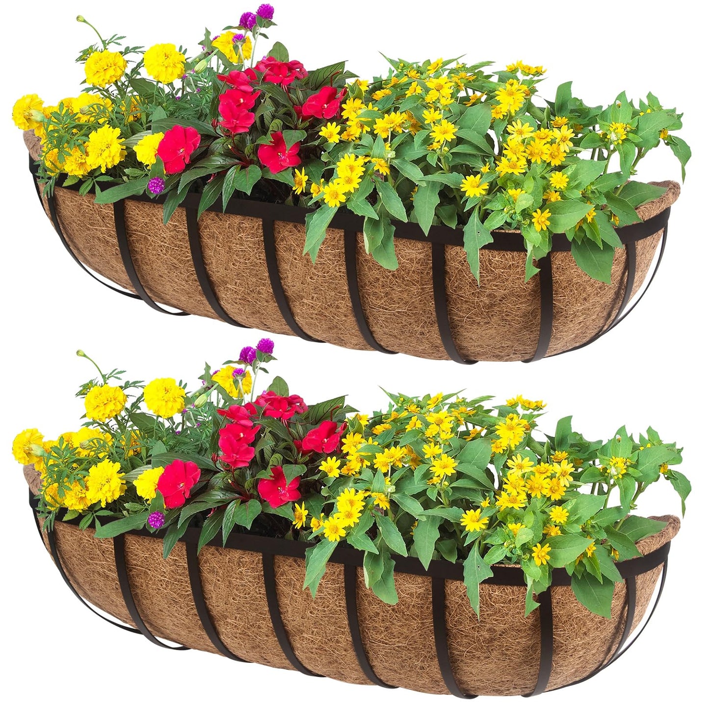 DUNCHATY 24 Inch Railing Planter 2 Pack - Adjustable Metal Window Box Planter with Coco Liner for Deck Balcony Porch Fence - Outdoor Hanging Flower Basket for Herbs & Flowers