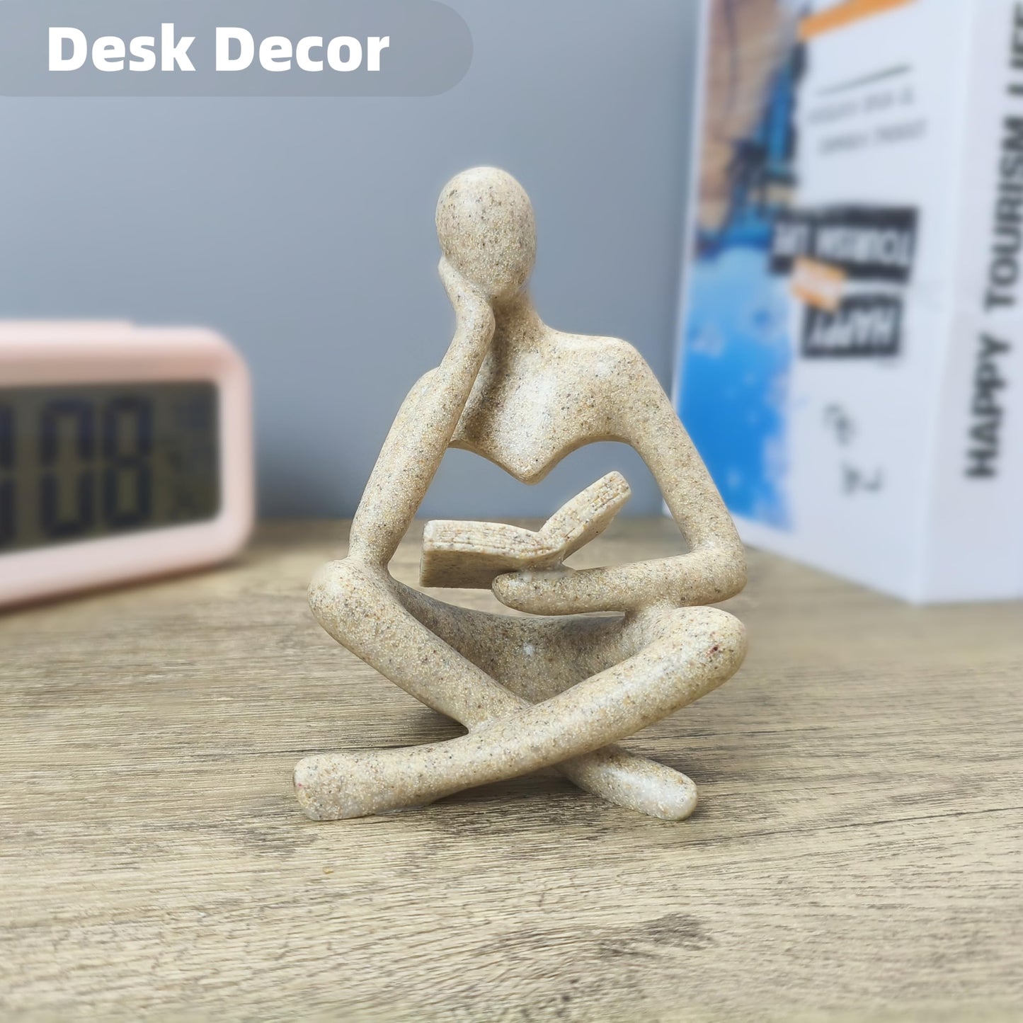 LWDUDE Reading Thinker Statue, Grey Abstract Sculpture for Bookshelf Knick Knacks, Minimalist Decor for Coffee Table, Office Desk, Living Room Shelf Decor - Modern Home Accents (Grey)