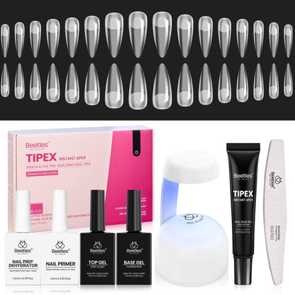 Beetles Tipex Instant Apex Nail Tips Kit, Coffin Long 224Pcs 16 Sizes Pre-Building & Pre-Etched Thicker Acrylic Nails False Nail Extension with Tipex Nail Glue Mini Nail Lamp