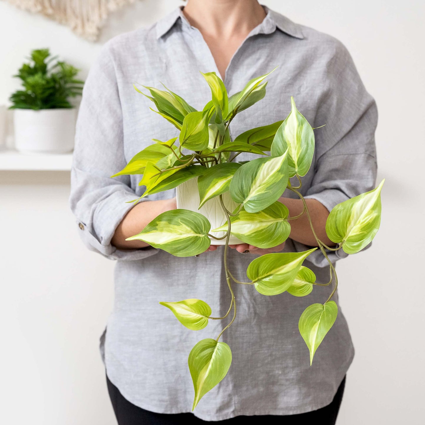 Kurrajong Farmhouse Light Green Fake pothos Plant | Fake Plant for Shelf Decor | Artificial Trailing Ivy Plant with 5" Wide Ceramic Pot | Faux pothos | Feaux Pothos