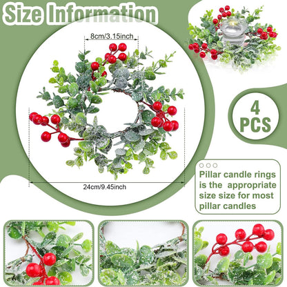 WILLBOND 8 Pieces 9.5" Mini Christmas Wreaths for Kitchen Cabinet Small Christmas Candle Rings Red Berries Wreath Pillar Candle Rings Xmas Hanging Garlands for Front Door Fireplace Window Decor