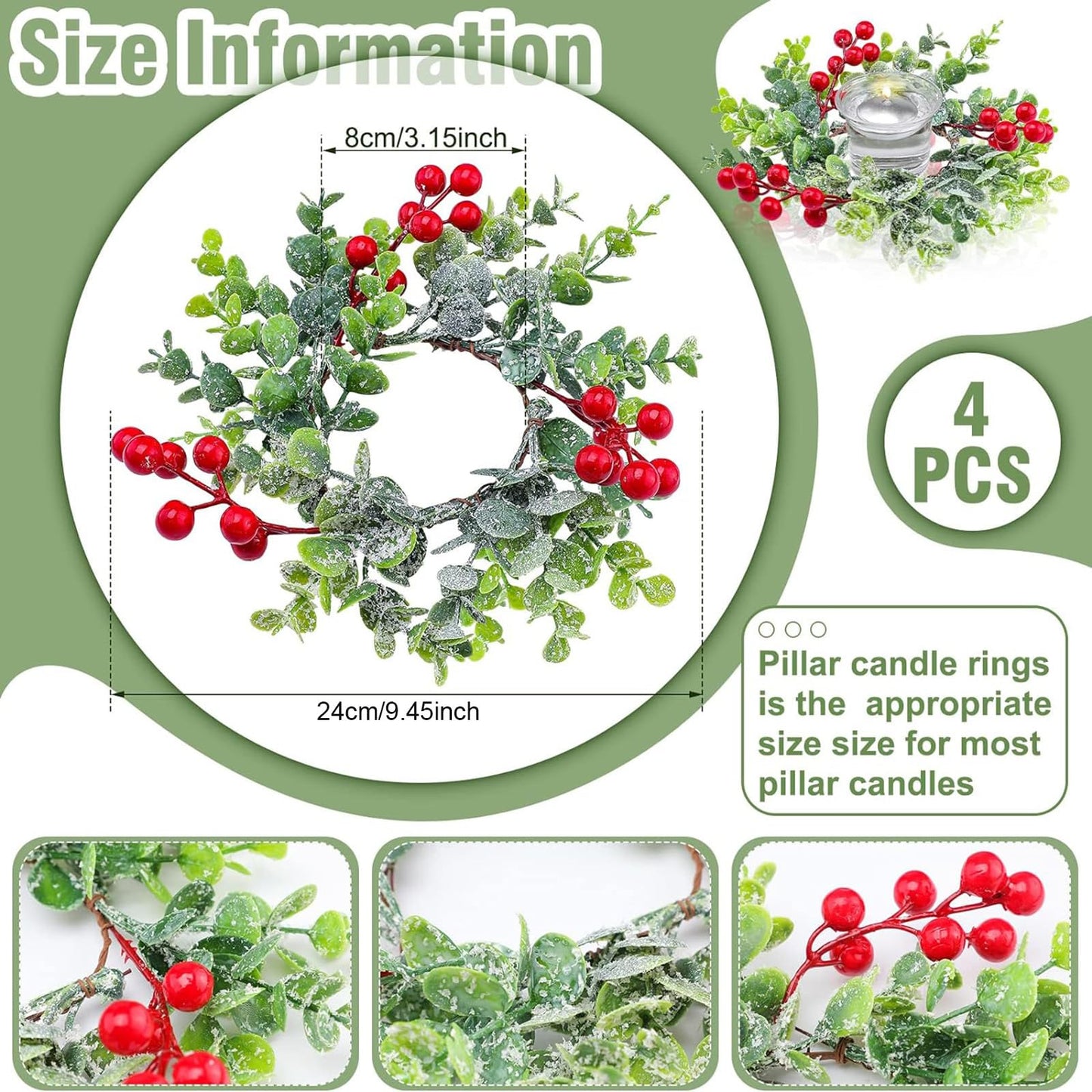 WILLBOND 4 Pieces 9.5" Mini Christmas Wreaths for Kitchen Cabinet Small Christmas Candle Rings Red Berries Wreath Pillar Candle Rings Xmas Hanging Garlands for Front Door Fireplace Window Decor