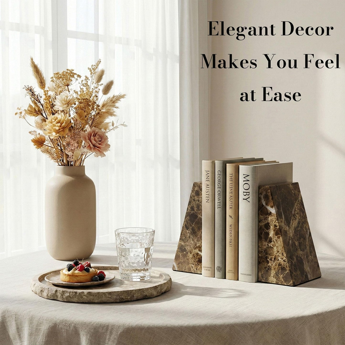 Decorative Bookends for Bookshelves, Set of 2 Marble Bookends for Living Room, Office, Bedroom, Heavy Duty,2 Pieces, Brown