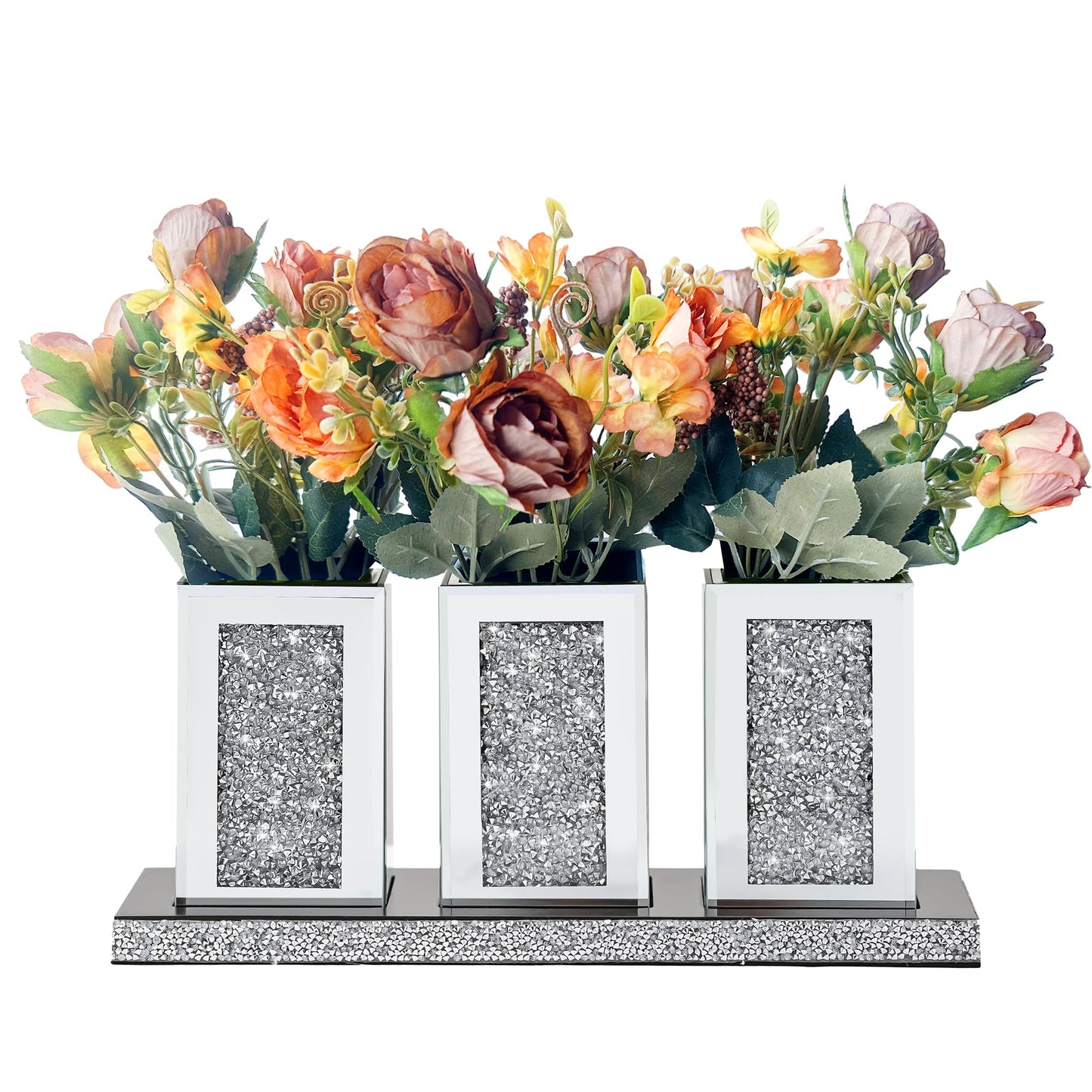 Pibeyer Crystal Crush Diamond Jar Table Centerpiece Decorations for Dining Room, Coffee Table Decor Wooden Tray with 3 Mirrored Jars Artificial Plants for Kitchen, Living Room, Home Décor