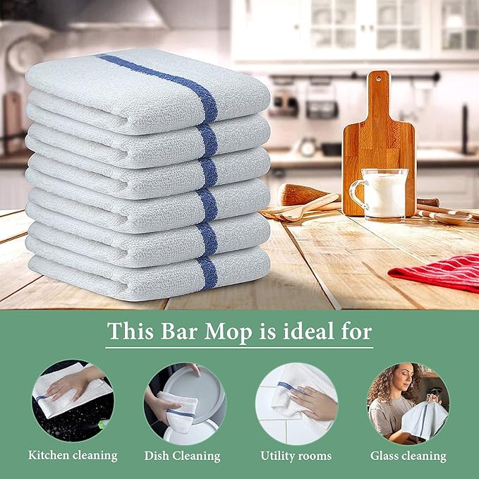 Bar Mop Blue Stripe 6 lbs 16x19 Pack of 36, 100% Cotton Double Stitched Route