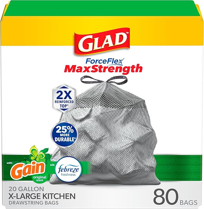Glad ForceFlex MaxStrength Drawstring XL Kitchen Trash Bags, 20 Gal, 80 Ct