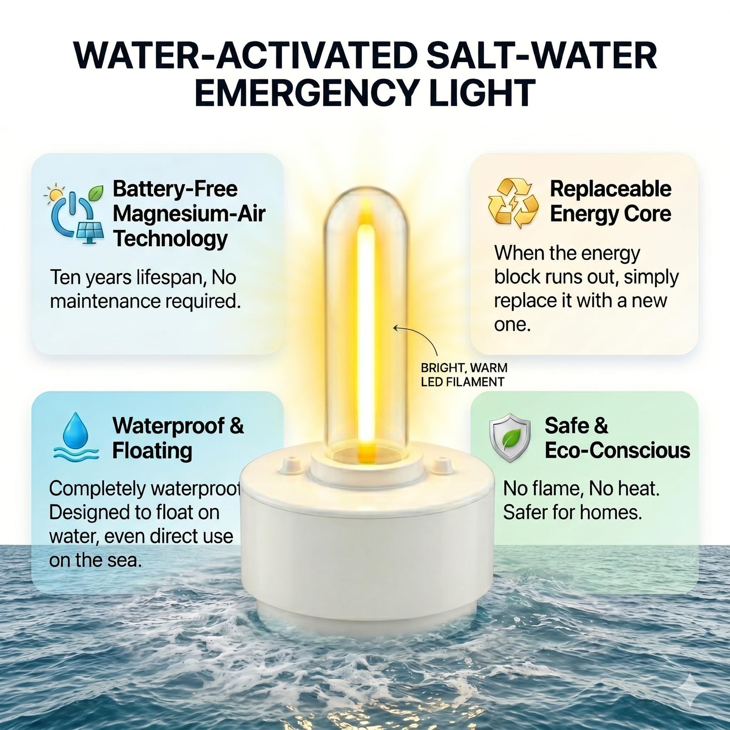 Portable Salt Water Camping Light, No Battery Survival Lantern, Waterproof Floating LED Lamp for Hiking, Fishing, Hurricane & Outdoor Adventures