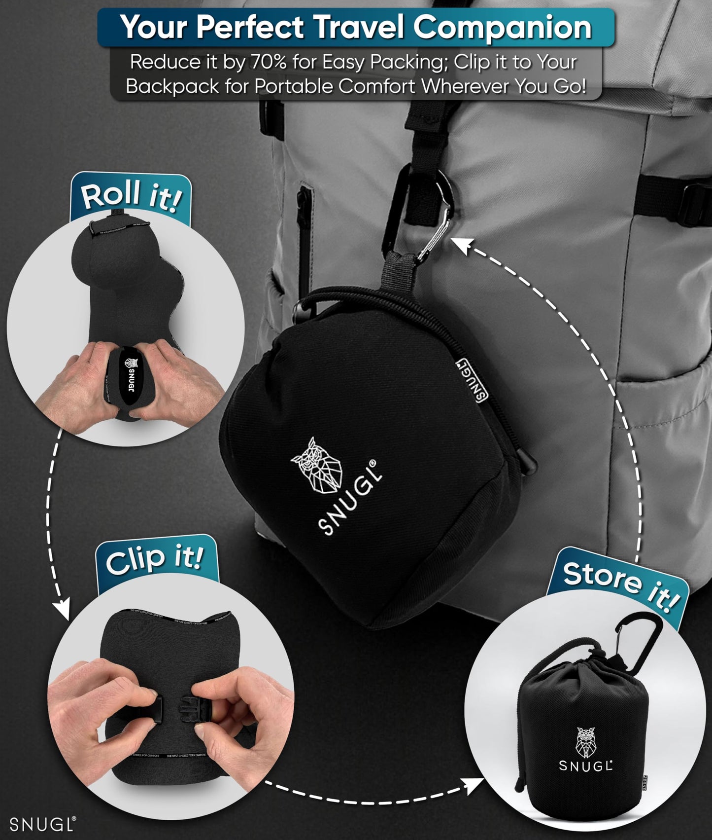 SNUGL Travel Pillow – Memory Foam Pillows - Neck Pillow for Airplane with Carry Bag & Clip – Neck Support Pillows for Pain Relief - Airplane Travel Essentials (Adult Regular - Black)