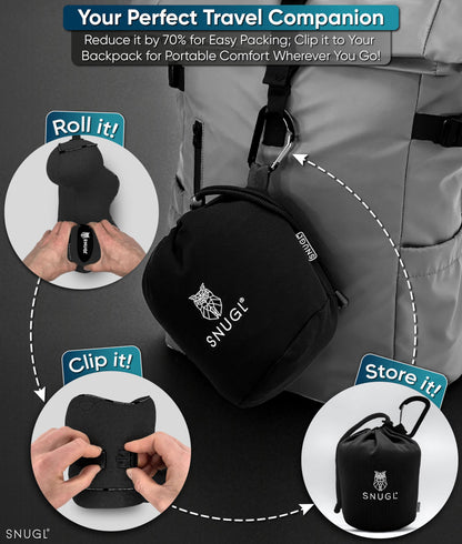 SNUGL Travel Pillow – Memory Foam Pillows - Neck Pillow for Airplane with Carry Bag & Clip – Neck Support Pillows for Pain Relief - Airplane Travel Essentials (Adult Regular - Black)
