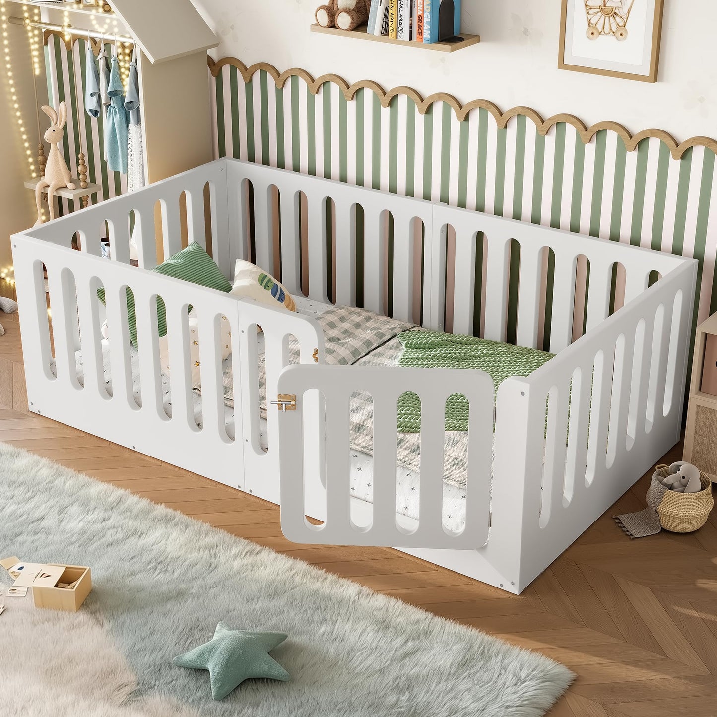 GDFStudio Twin Size Montessori Floor Bed with Door, Solid Wood Kids Floor Bed Frame, Low Profile No Box Spring Needed, House Style Design, Sturdy Slat Support, Light White Finish