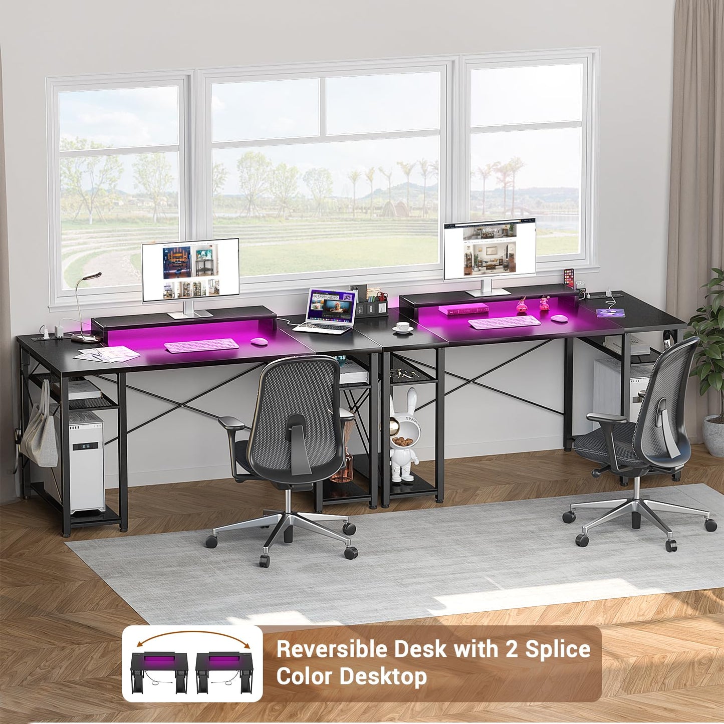 armocity Computer Desk with LED Lights, 48 Inch Reversible Large Desk with Power Outlet and USB, 48'' Gaming PC Table with Moveable Monitor Stand for Home Office, Workstation, Black