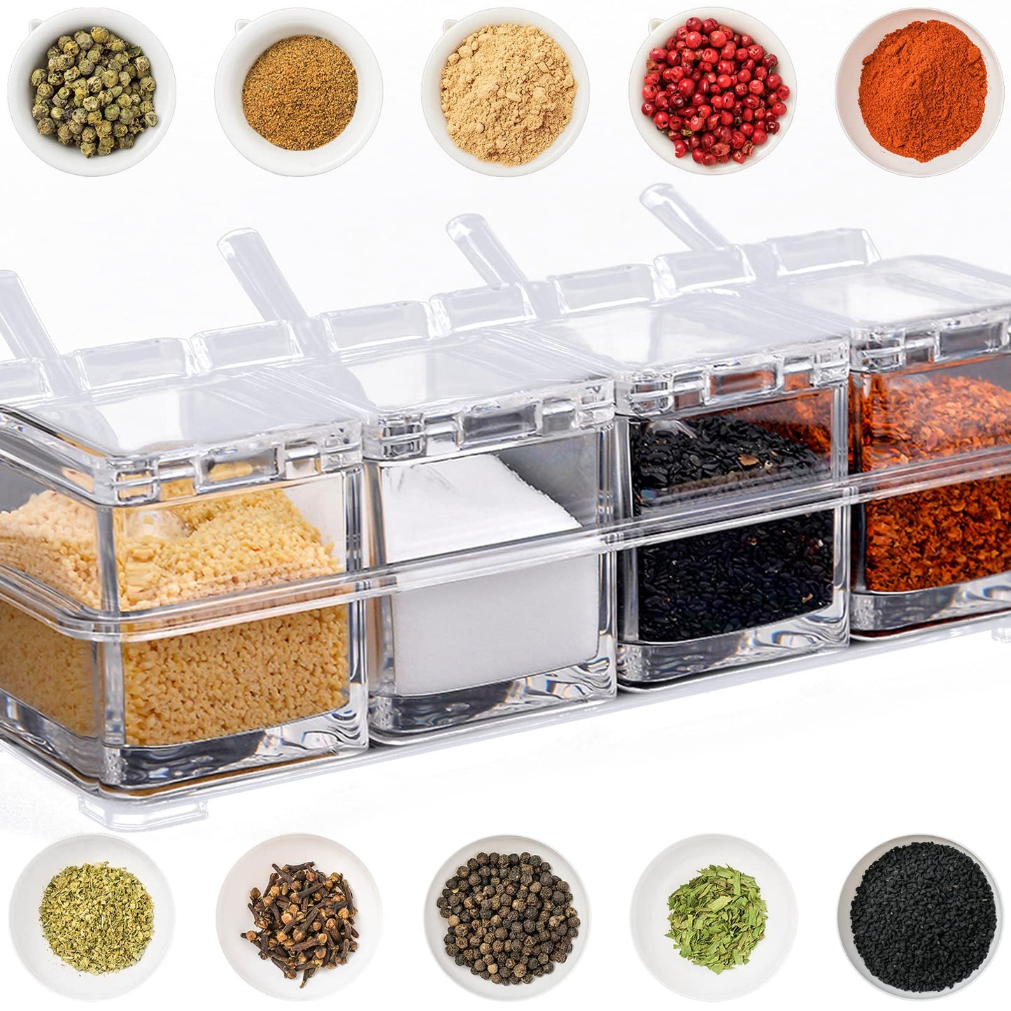 JLNGTHONG Clear Spice Containers, 4 Pieces Condiment Container with Lids for Salt Sugar, Acrylic Spice Rack Spice Container with Spoon