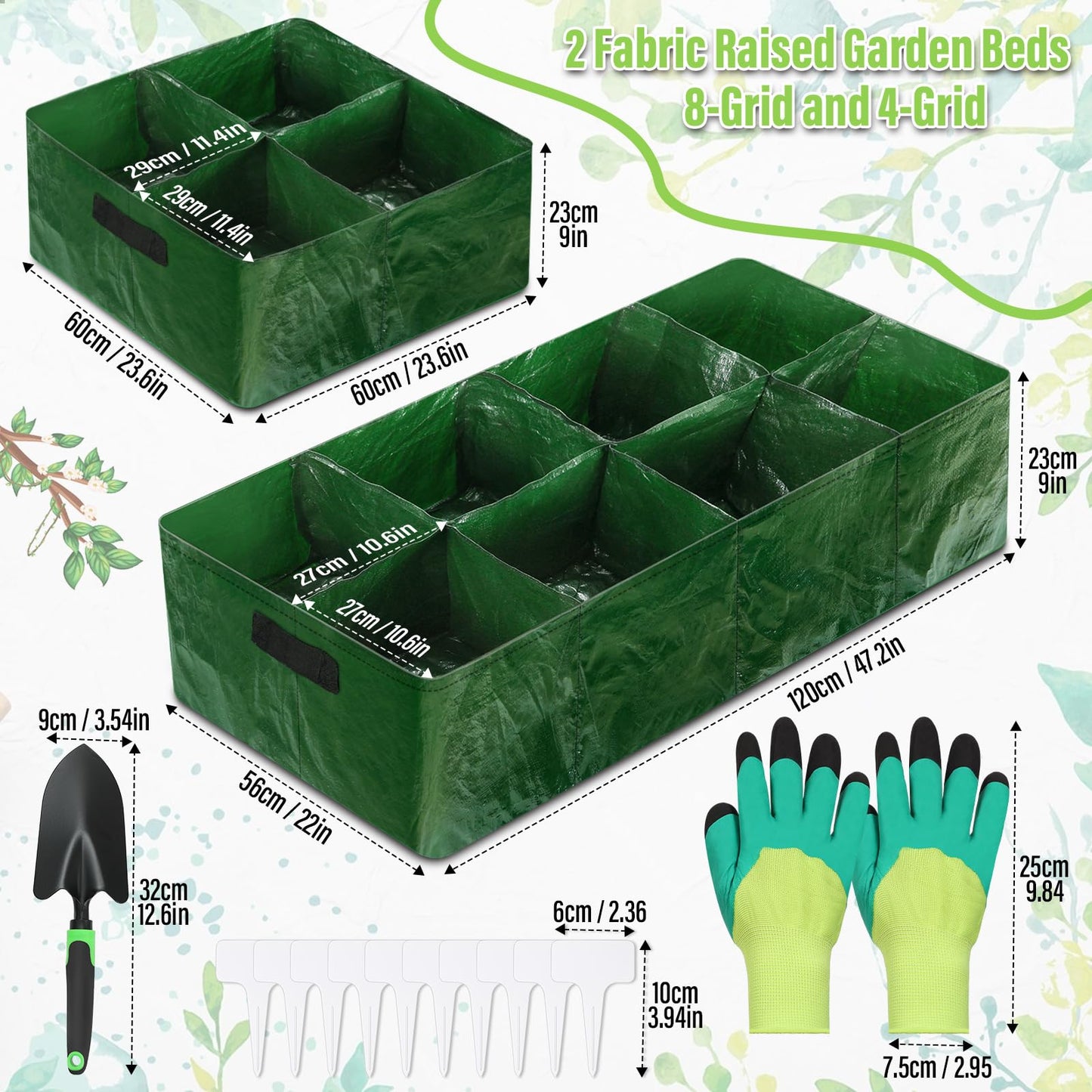 LifeisLuck Fabric Raised Garden Bed, 2 Pack 8 Grids and 4 Grids, 128 Gallon Rectangle Grow Bags with Drainage Holes, Breathable PE Planting Containers for Outdoor Vegetables Fruits Flowers