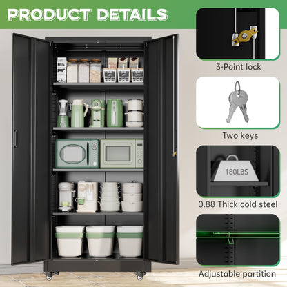INTERGREAT 73" H Metal Storage Cabinet with Wheels, Locking Doors and Adjustable Shelves, Black Rolling Steel Tool Cabinet for Home Office, Garage, Warehouse